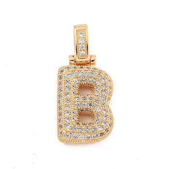 Brass Micro Pave Clear Cubic Zirconia Pendants, Real 18K Gold Plated, Letter B, 31x14x5mm, Hole: 3x6mm