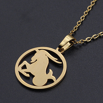 201 Stainless Steel Pendants Necklaces, with Cable Chains and Lobster Claw Clasps, Flat Round with Constellation/Zodiac Sign, Capricorn, 15-3/4 inch(40cm), 1.5mm