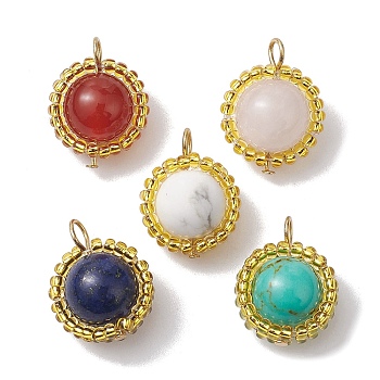 Mixed Gemstone Pendants, Round Charms with Glass Seed Bead Wrapped, Golden, 18.5x14.5x10mm, Hole: 2.8mm