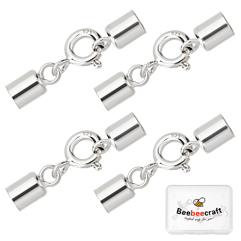 4 Sets 925 Sterling Silver Spring Ring Clasps, with Cord Ends, Silver, 9x7.5x3mm, Inner Diameter: 3.5mm