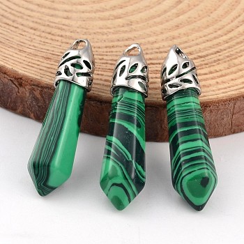 Bullet Malachite Pendants, with Platinum Plated Alloy Findings, 33~40x8~10mm, Hole: 3x2mm