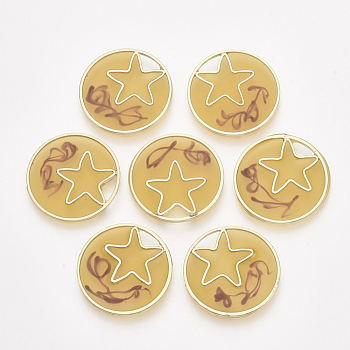 Epoxy Resin Pendants, with Alloy Findings, Flat Round with Star, Golden, Goldenrod, 25x1.5mm, Hole: 3.5x5mm