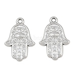 304 Stainless Steel Pendants, Hamsa Hand with Floral Pattern Charms, Stainless Steel Color, 27x18x2mm, Hole: 2mm(SA-CBA1839-12P)
