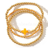 3Pcs Golden Luxury Brass Beaded Gothic Cross Ladies Elastic Bracelet Sets, Orange, 6-1/2 inch(16.5cm)(MP9967-5)