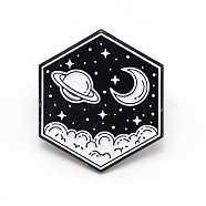 Hexagon with Planet Cartoon Enamel Pin, Zinc Alloy Enamel Brooch for Jacket Backpack Hat Pant Accessories, Black, 23x26.5x11mm(JEWB-TAC0002-34)