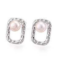 Brass Natural Pearl Stud Earrings, with 925 Sterling Silver Pins, Rectangle, Real Platinum Plated, 14x10.2mm, Pin: 0.7mm, Pearl: 6mm(PEAR-N020-05U)