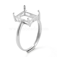Rectangle Adjustable 925 Sterling Silver Ring Components, 4 Claw Prong Ring Settings, Real Platinum Plated, US Size 6 1/2(16.9mm)(STER-G042-08P)
