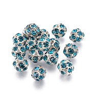 Brass Rhinestone Beads, with Iron Single Core, Grade A, Silver Color Plated, Round, Blue Zircon, 8mm in diameter, Hole: 1mm(RB-A019-8mm-06S)