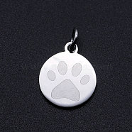 201 Stainless Steel Pet Charms, with Jump Rings, Flat Round with Dog Paw Prints, Stainless Steel Color, 14.5x12x1mm, Hole: 3mm(STAS-T049-T676-1)