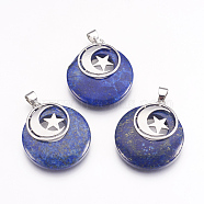 Natural Lapis Lazuli Pendants, with Platinum Tone Brass Findings, Flat Round with Moon and Star, 32x28x7mm, Hole: 4x5mm(KK-F751-F07)