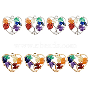 8Pcs 2 Colors Chakra Natural Gemstone Chip Pendants, Natural Amethyst & Green Aventurine & Lapis Lazuli & Citrine & Red Aventurine & Red Jasper, with Copper Wire Wrapped, Heart with Tree, Platinum & Light Gold, 25.5x27x8mm, Hole: 2mm, 4pcs/color(FIND-FH0005-10)