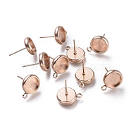 Ion Plating(IP) 304 Stainless Steel Stud Earring Settings, with Loop, Flat Round, Rose Gold, Flat Round: 13x10.3mm, Hole: 1.8mm, Pin: 0.8mm, Tray: 8mm(STAS-I161-01C-RG)