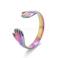 Ion Plating(IP) Rainbow Color  304 Stainless Steel Double Hand Hug Open Cuff Ring for Women, US Size 7 3/4(17.9mm)(RJEW-C025-08B-M)