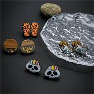 Halloween Tombstone Ghost Skull Wood Stud Earring Sets, Resin & Wood Flat Round Ear Studs for Women, Mixed Color, 14~19x9~15mm, 4pairs/set(EJEW-OY002-01)