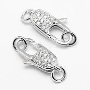 Brass Micro Pave Grade AAA Cubic Zirconia Lobster Claw Clasps, Lead Free & Nickel Free & Cadmium Free, Real Platinum Plated, 19x10x6mm, Hole: 3mm(ZIRC-P029-08P-NR)