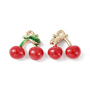 Brass Enamel Charms, Imitation Fruit, Light Gold, Cherry Charm, Red, 12x11.5x5mm, Hole: 1.2mm(X-KK-G462-24LG)