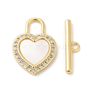 Brass Micro Pave Clear Cubic Zirconia Toggle Clasps, with Shell, Heart Lock, Real 18K Gold Plated, Heart Lock: 17x12x2mm, Hole: 4.5x3.5mm, Bar: 16x4x2mm, Hole: 1.4mm(KK-P234-69G)