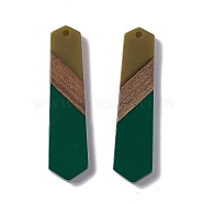 Opaque Resin & Walnut Wood Pendants, Hexagon Charms, Dark Green, 49x12x3.5mm, Hole: 2mm(RESI-M027-06I)