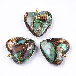 Assembled Bronzite and Imperial Jasper Pendants, with Iron Findings, Heart, Golden, 20~22x19~20x5~7mm, Hole: 2mm(G-T111-04J)