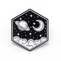 Hexagon with Planet Cartoon Enamel Pin, Zinc Alloy Enamel Brooch for Jacket Backpack Hat Pant Accessories, Black, 23x26.5x11mm(JEWB-TAC0002-34)