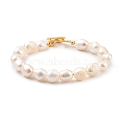 Natural Baroque Pearl Keshi Pearl Beaded Bracelets, with Golden Plated 304 Stainless Steel Toggle Clasps, Seashell Color, 7-1/2 inch~7-5/8 inch(19~19.5cm)(BJEW-JB05326-02)