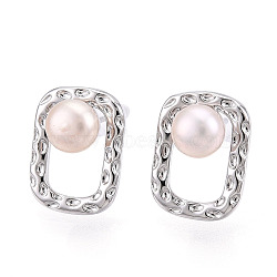 Brass Natural Pearl Stud Earrings, with 925 Sterling Silver Pins, Rectangle, Real Platinum Plated, 14x10.2mm, Pin: 0.7mm, Pearl: 6mm(PEAR-N020-05U)