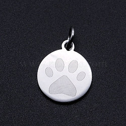 Non-Tarnish 201 Stainless Steel Pet Charms, with Jump Rings, Flat Round with Dog Paw Prints, Stainless Steel Color, 14.5x12x1mm, Hole: 3mm(STAS-T049-T676-1)