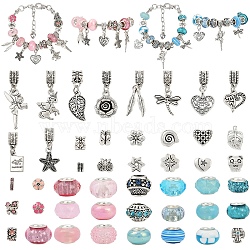 DIY European Style Bracelet Kits. including Alloy & Resin European Beads, Brass European Style Bracelet Jewelry Making, Iron Box, Sky Blue, 29mm, Hole: 5mm, Leaf: 19x10x1.5mm, 2pcs(DIY-YW0012-11A)