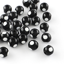 Dot Pattern Opaque Acrylic Beads, Round, Black, 11~12x11mm, Hole: 3mm, about 550pcs/500g(SACR-R883-12mm-01)