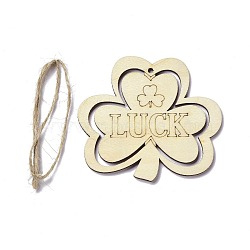 DIY Shamrock with Word LUCK Unfinished Wooden Ornaments Blank Wooden Embellishments, with Hemp Rope, for Saint Patrick's Day Party Decorations, Cornsilk, 72x81x2.5mm, Hole: 3mm(WOOD-C009-06)