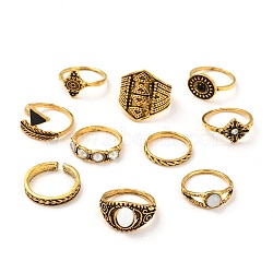 Zinc Alloy Finger Rings Sets, for Women, Rhombus & Triangle & Arrow & Flat Round & Feather, Antique Golden, 1.5~20mm, Inner Diameter: 14.7~18.1mm, 10pcs/set(RJEW-L101-03AG)