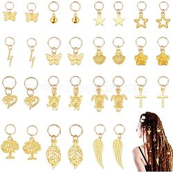 Hair Braid Rings Set, Hair Jewelry Rings, Include Alloy Pendants & Jump Rings, for Hair Styling, Bell & Shell & Tortoise, Golden, 2.3~4.1cm, 30pcs/box(KEYC-NB0001-42)