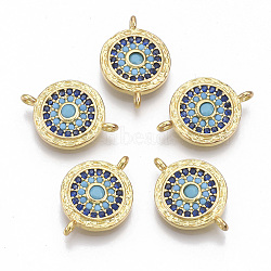Brass Micro Pave Cubic Zirconia Links connectors, Flat Round, Blue, Golden, 17x11.5x2.5mm, Hole: 1.2mm(ZIRC-T005-034G)