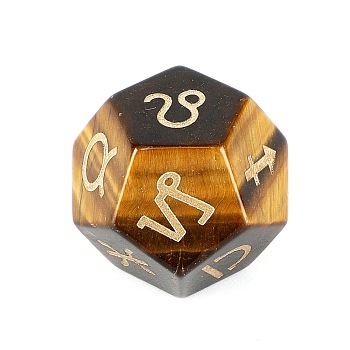 Natural Tiger Eye Classical 12-Sided Polyhedral Dice, Engrave Twelve Constellations Divination Game Toy, 20x20mm