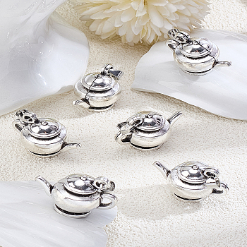 6Pcs Tibetan Style Alloy Pendants, Teapot, Antique Silver, 23.7x33x23.7mm, Hole: 7x4.5mm