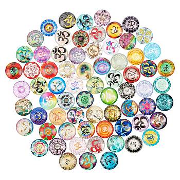 Glass Cabochons, with Self-Adhesive, for DIY Jewelry Making, Half Round with Mixed Patterns, Chakra Theme, 25x6mm