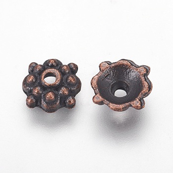 Tibetan Style Bead Caps, Zinc Alloy Bead Caps, Lead Free and Cadmium Free, Red Copper, Size: about 8mm in diameter, 3mm thick, hole: 1mm