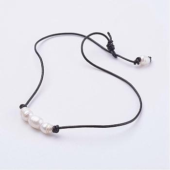 Grade B Natural Freshwater Pearl Necklaces, with Cowhide Leather Cord, Black, 14.96 inch(38cm)