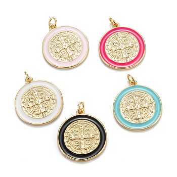 Brass Enamel Pendants, Real 18K Gold Plated, Long-Lasting Plated, Saint Benedict Medal Charms, Mixed Color, 23x20.5x2mm, Hole: 3mm, Jump Ring: 5x0.8mm
