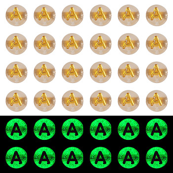 50G Luminous Transparent Acrylic Beads, Flat Round with Letter, Glow in the Dark, Golden Metal Enlaced, Letter A, 7x4mm, Hole: 1.8mm, about 370pcs/50g