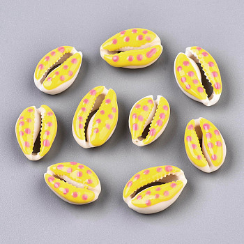 Natural Cowrie Shell Beads, with Enamel Polka Dot Pattern, No Hole/Undrilled, Yellow, 16~19x10~12.5x7mm