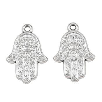 304 Stainless Steel Pendants, Hamsa Hand with Floral Pattern Charms, Stainless Steel Color, 27x18x2mm, Hole: 2mm