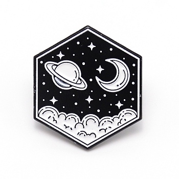 Hexagon with Planet Cartoon Enamel Pin, Zinc Alloy Enamel Brooch for Jacket Backpack Hat Pant Accessories, Black, 23x26.5x11mm