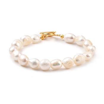 Natural Baroque Pearl Keshi Pearl Beaded Bracelets, with Golden Plated 304 Stainless Steel Toggle Clasps, Seashell Color, 7-1/2 inch~7-5/8 inch(19~19.5cm)