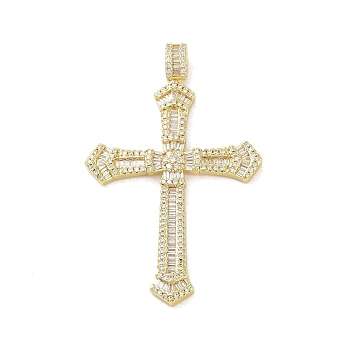 Real 18K Gold Plated Brass Micro Pave Cubic Zirconia Pendants, Cross, Clear, 54x38x3mm, Hole: 3x5.5mm