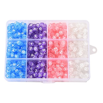 Transparent Acrylic Beads, Mixed Letters, Flat Round, Mixed Color, 7x4mm, Hole: 1.5mm, about 680pcs/box