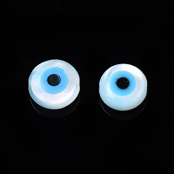 Natural White Shell Mother of Pearl Shell Beads, with Synthetic Turquoise, Evil Eye, Deep Sky Blue, 6x2mm, Hole: 0.7mm