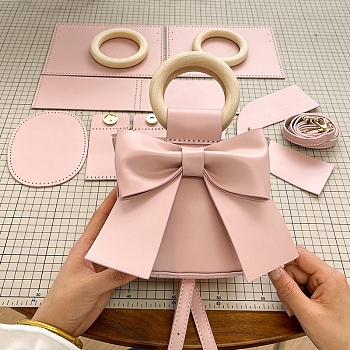 DIY Bowknot PU Imitation Leather Crossbody Lady Bag Making Sets, Knitting Crochet Tote Bag Kit for Beginners, Pink, 14x14x7cm