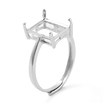 Rectangle Adjustable 925 Sterling Silver Ring Components, 4 Claw Prong Ring Settings, Real Platinum Plated, US Size 6 1/2(16.9mm)
