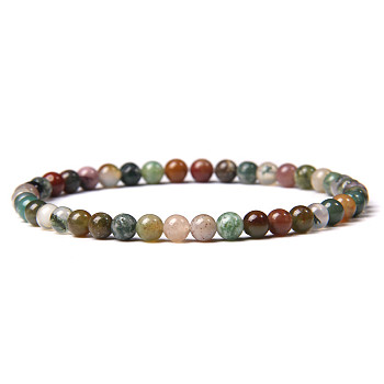 4mm Round Natural Indian Agate Beads Bracelet for Men, European and American Retro Simple Versatile Stretch Bracelets, 7-1/2 inch(19cm)